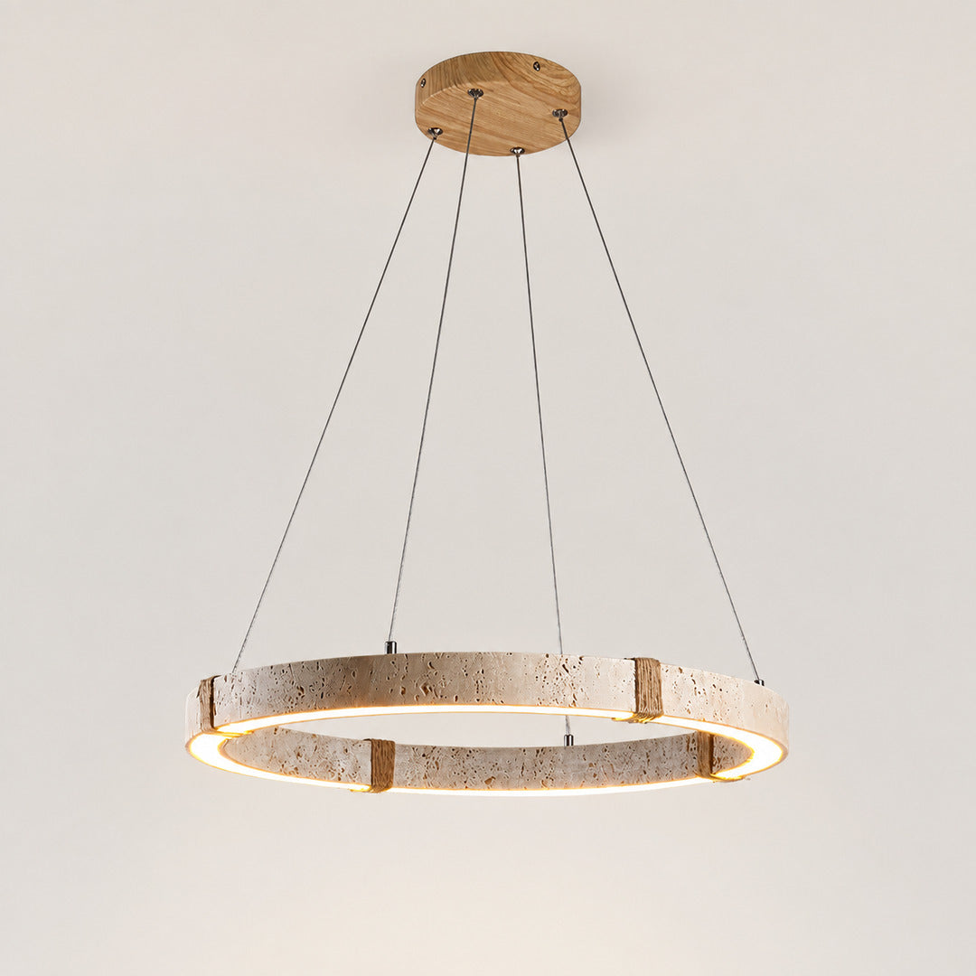 Halo travertine pendant light medium size 19.7 inch single disc yellow travertine stone scale reference