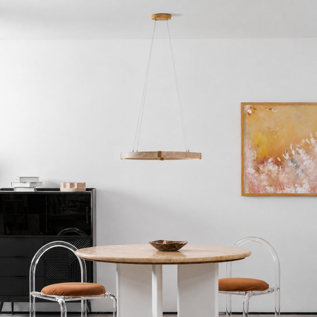 Halo travertine pendant light dining table single disc warm glow travertine stone Japandi American home lifestyle interior styled