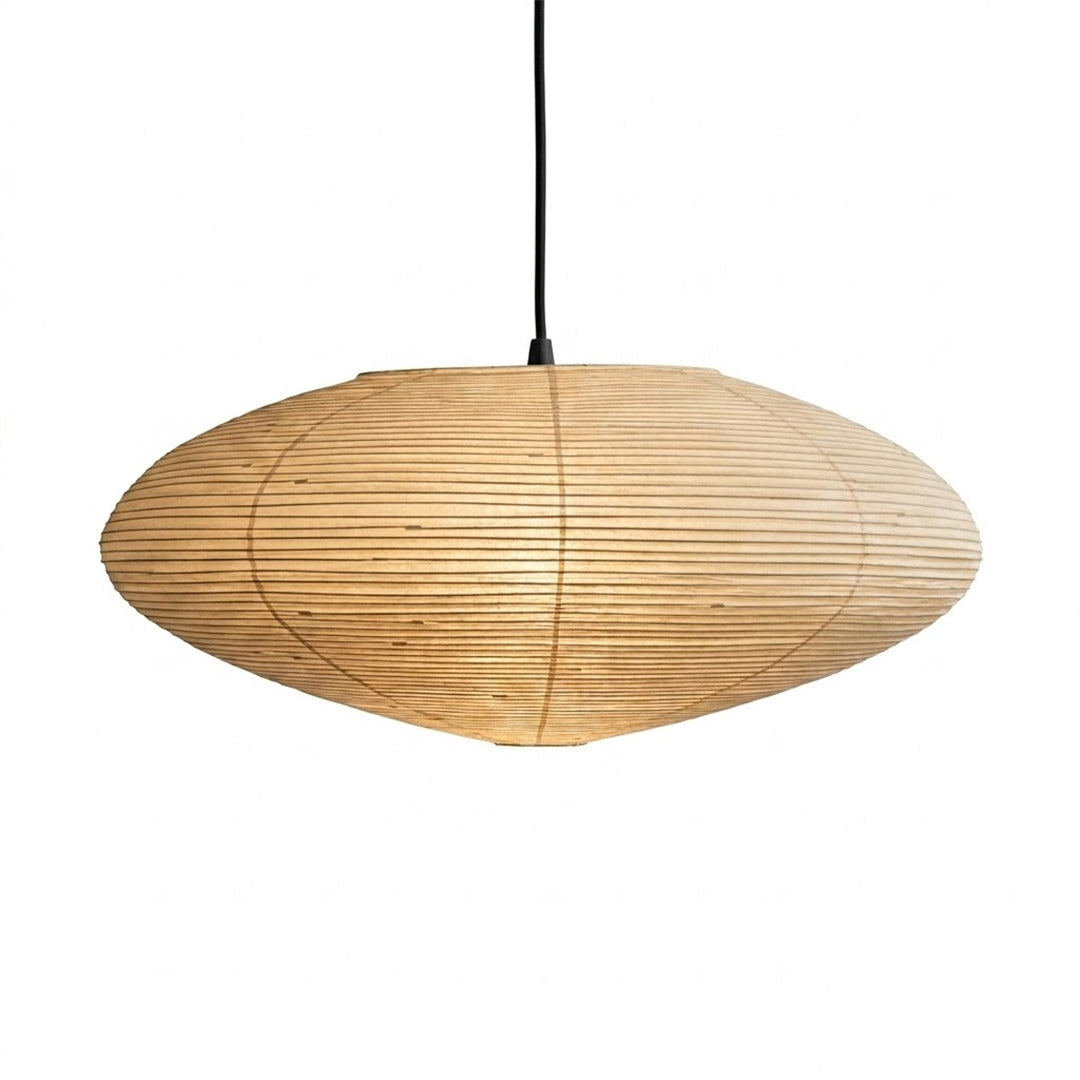 Authentic Handcrafted Washi Paper Pendant Light (Model A style) - A minimalist Japandi suspended paper lantern featuring premium mulberry Kozo fibers, seamless bamboo ribbing, and a warm, ambient diffused glow for modern interior design.