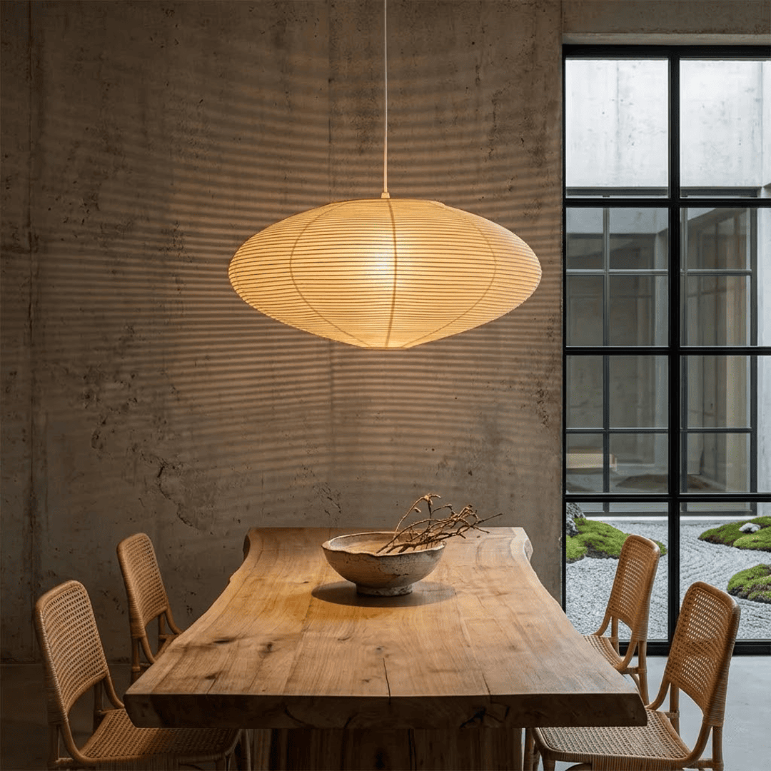 Authentic Handcrafted Washi Paper Pendant Light (Model A style) - A minimalist Japandi suspended paper lantern featuring premium mulberry Kozo fibers, seamless bamboo ribbing, and a warm, ambient diffused glow for modern interior design.