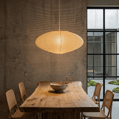 Authentic Handcrafted Washi Paper Pendant Light (Model A style) - A minimalist Japandi suspended paper lantern featuring premium mulberry Kozo fibers, seamless bamboo ribbing, and a warm, ambient diffused glow for modern interior design.