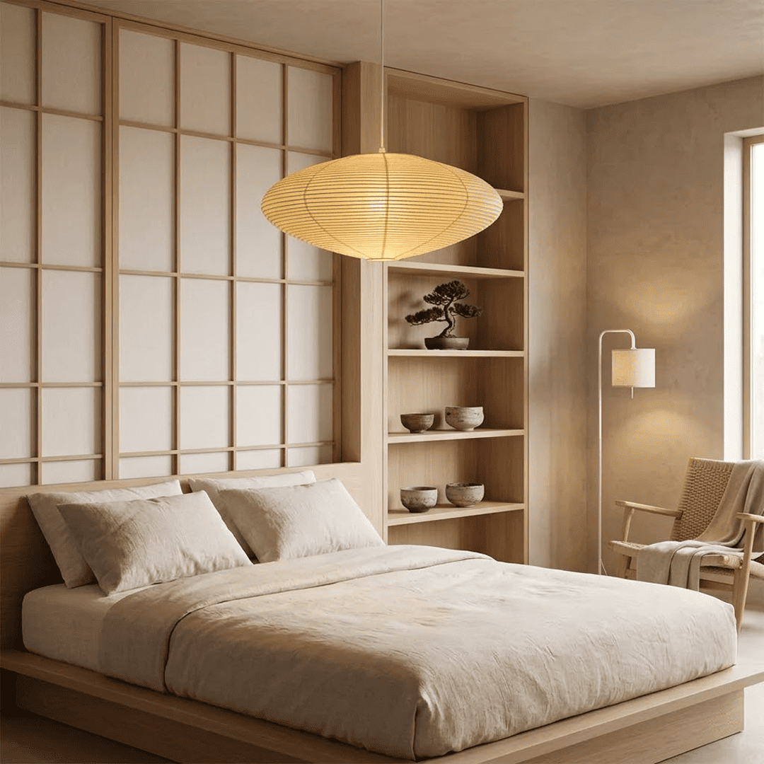 Authentic Handcrafted Washi Paper Pendant Light (Model A style) - A minimalist Japandi suspended paper lantern featuring premium mulberry Kozo fibers, seamless bamboo ribbing, and a warm, ambient diffused glow for modern interior design.