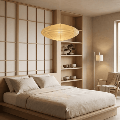 Authentic Handcrafted Washi Paper Pendant Light (Model A style) - A minimalist Japandi suspended paper lantern featuring premium mulberry Kozo fibers, seamless bamboo ribbing, and a warm, ambient diffused glow for modern interior design.