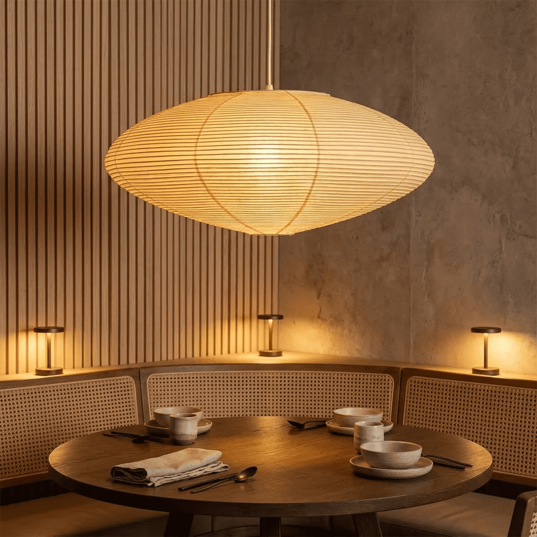 Authentic Handcrafted Washi Paper Pendant Light (Model A style) - A minimalist Japandi suspended paper lantern featuring premium mulberry Kozo fibers, seamless bamboo ribbing, and a warm, ambient diffused glow for modern interior design.