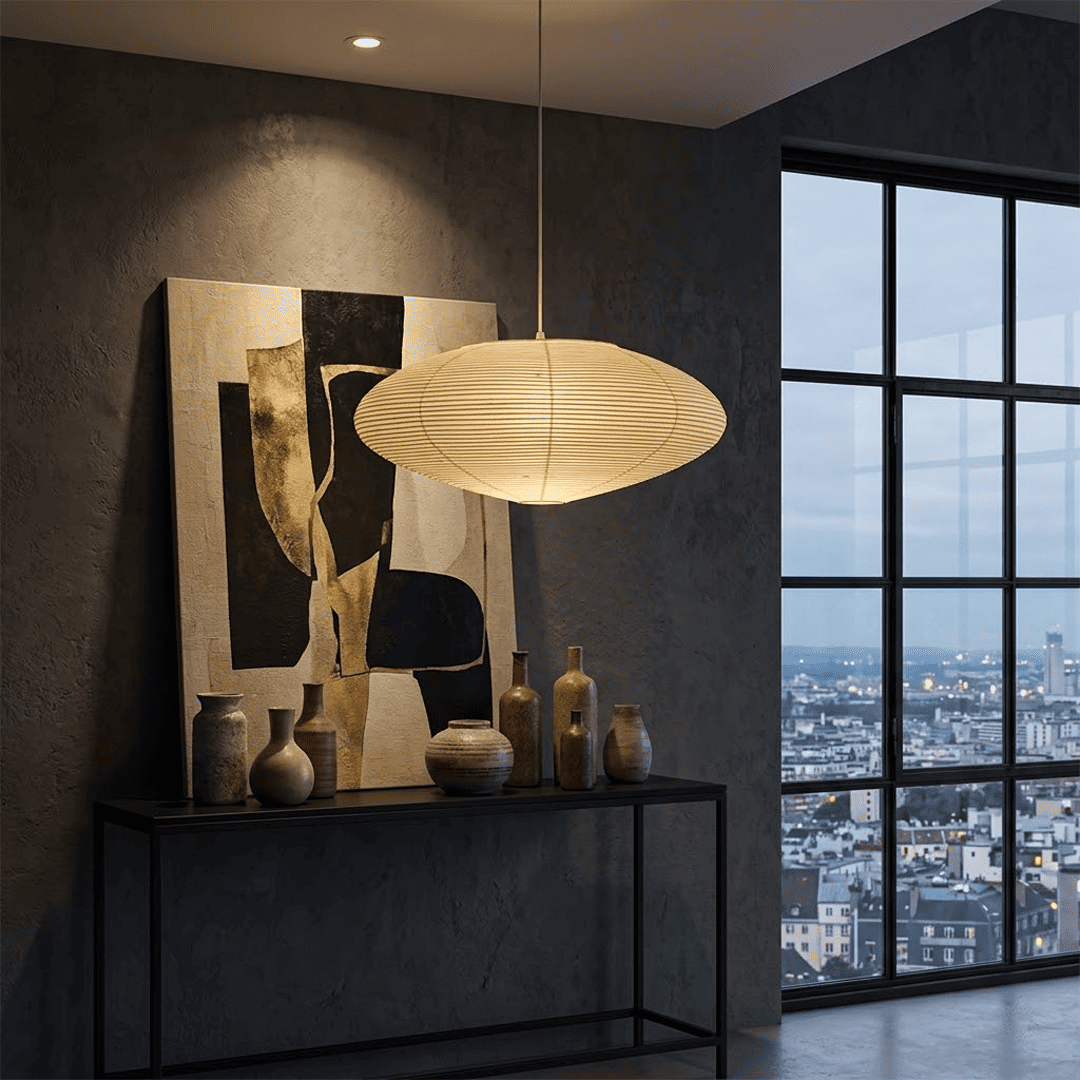 Authentic Handcrafted Washi Paper Pendant Light (Model A style) - A minimalist Japandi suspended paper lantern featuring premium mulberry Kozo fibers, seamless bamboo ribbing, and a warm, ambient diffused glow for modern interior design.