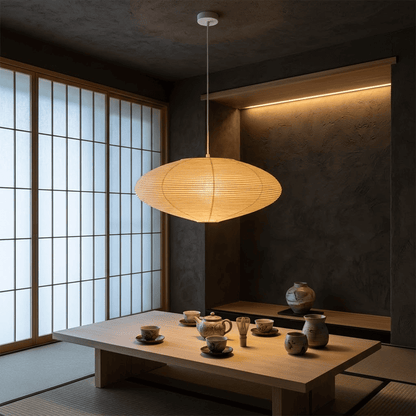 Authentic Handcrafted Washi Paper Pendant Light (Model A style) - A minimalist Japandi suspended paper lantern featuring premium mulberry Kozo fibers, seamless bamboo ribbing, and a warm, ambient diffused glow for modern interior design.