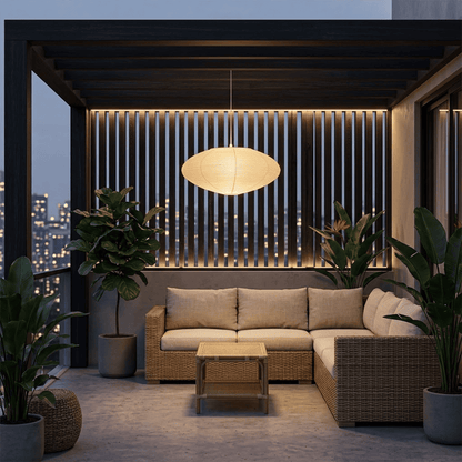 Authentic Handcrafted Washi Paper Pendant Light (Model A style) - A minimalist Japandi suspended paper lantern featuring premium mulberry Kozo fibers, seamless bamboo ribbing, and a warm, ambient diffused glow for modern interior design.