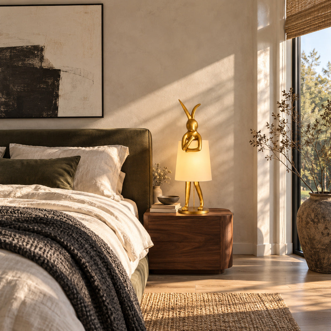 Hare silhouette table lamp casting a warm glow on a bedroom nightstand