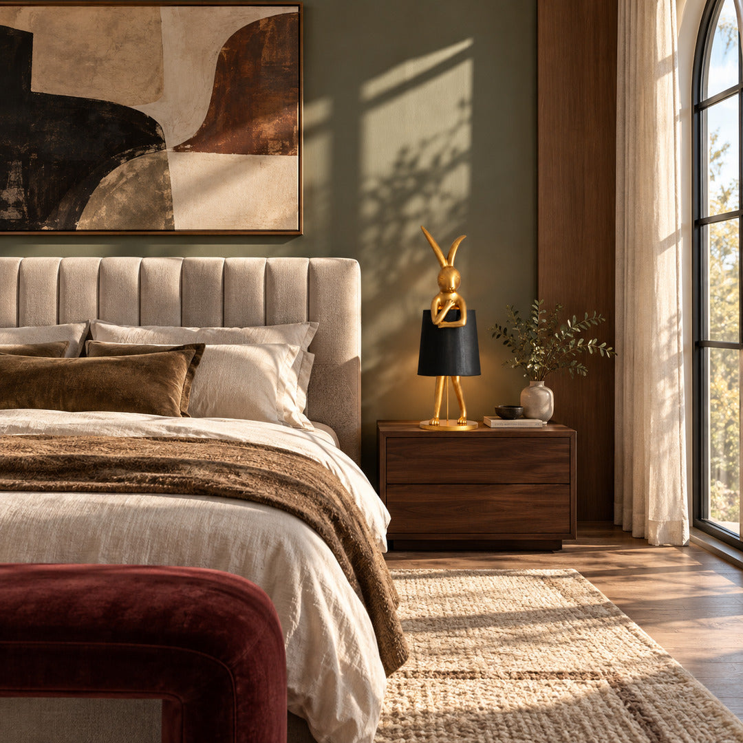 Hare silhouette table lamp casting a warm glow on a bedroom nightstand
