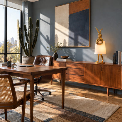 Hare silhouette table lamp accenting a bookshelf with its golden hare silhouette
