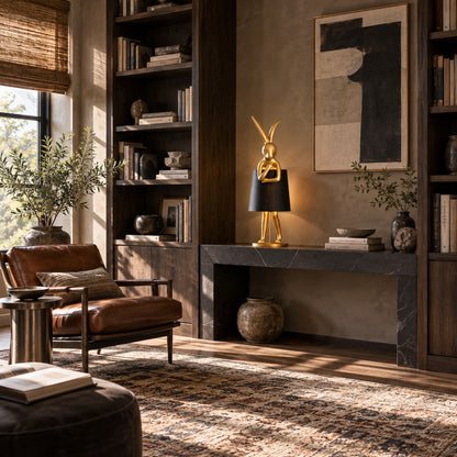 Hare silhouette table lamp welcoming guests with a golden sculpture on an entryway console