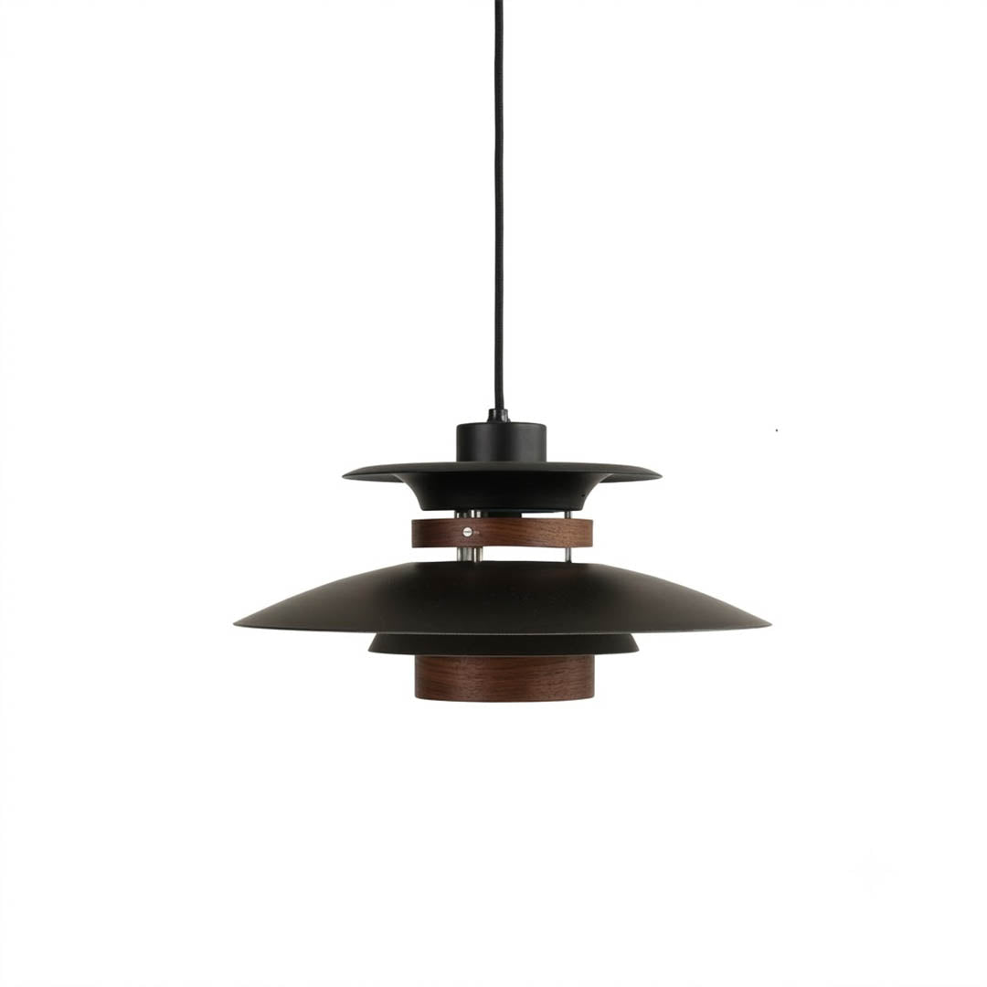 Hayden walnut wood dome pendant Black 19 inch modern industrial graphic metal shade white background