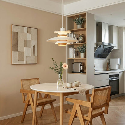 Hayden Beige walnut wood dome pendant above modern dining room rectangular table warm Edison glow Mid Century interior