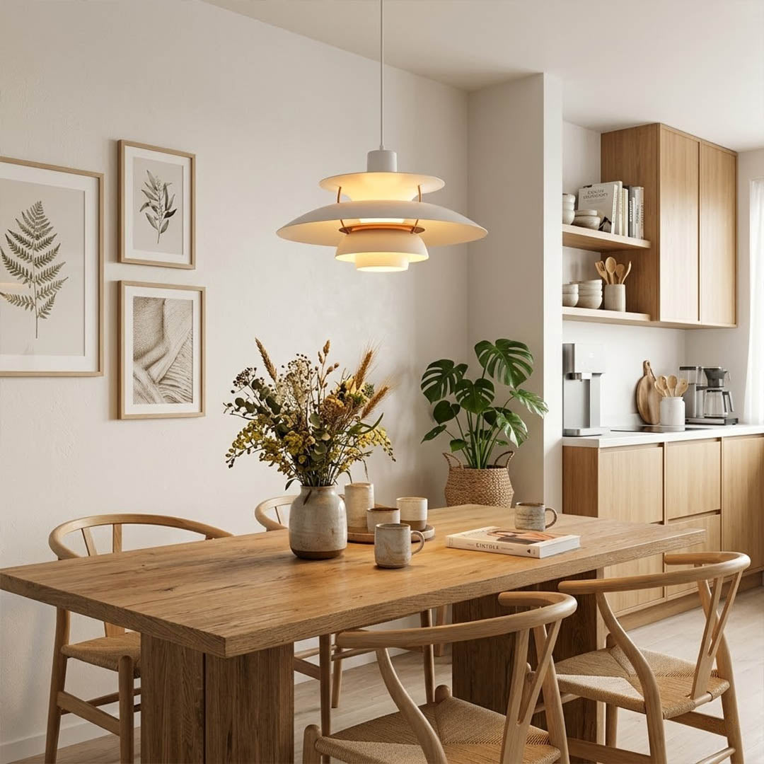 Hayden Beige walnut wood dome pendant above modern dining room rectangular table warm Edison glow Mid Century interior