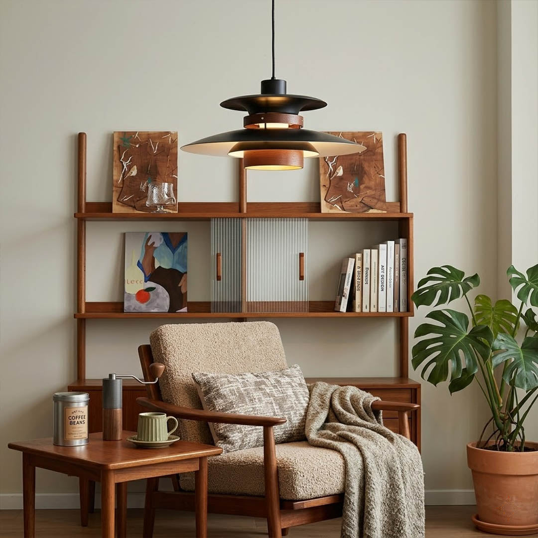 Hayden walnut wood dome pendant living room reading corner armchair Mid Century Scandinavian warm interior