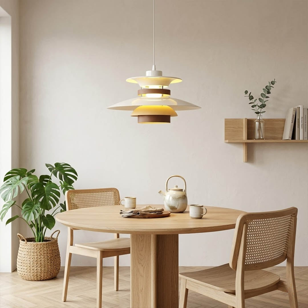 Hayden Beige walnut wood dome pendant above modern dining room rectangular table warm Edison glow Mid Century interior