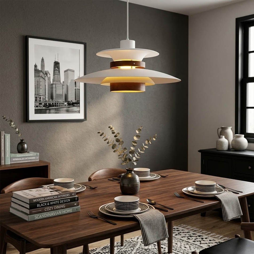 Hayden Beige walnut wood dome pendant above modern dining room rectangular table warm Edison glow Mid Century interior