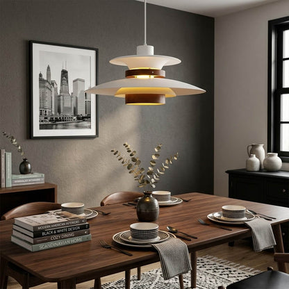 Hayden Beige walnut wood dome pendant above modern dining room rectangular table warm Edison glow Mid Century interior