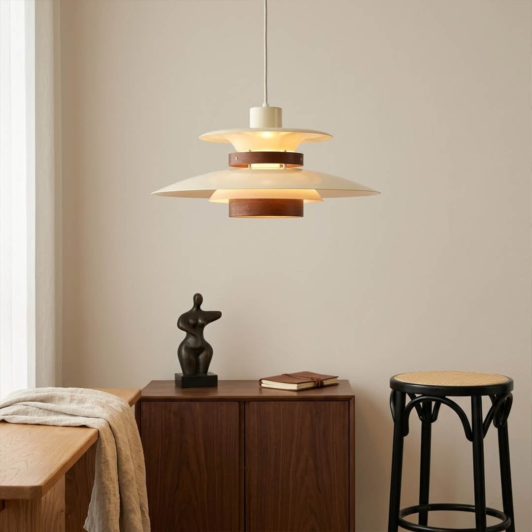 Hayden walnut wood dome pendant living room reading corner armchair Mid Century Scandinavian warm interior