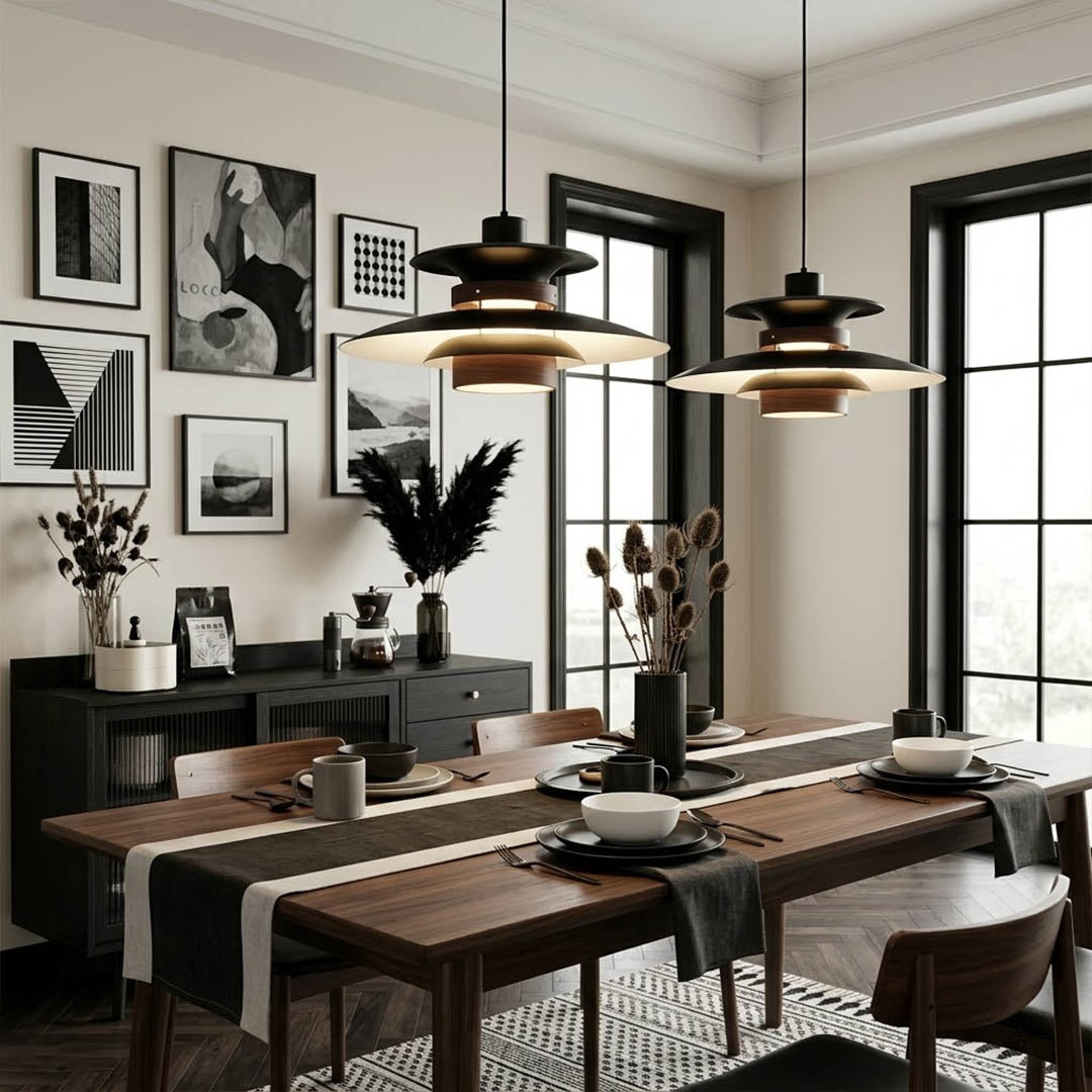 Hayden Beige walnut wood dome pendant above modern dining room rectangular table warm Edison glow Mid Century interior