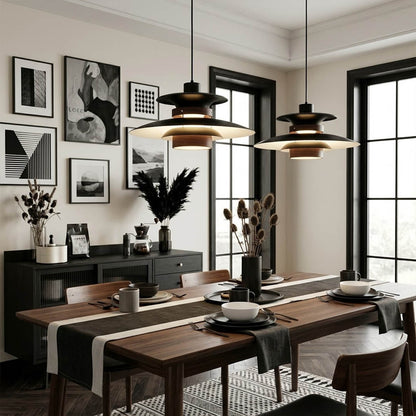 Hayden Beige walnut wood dome pendant above modern dining room rectangular table warm Edison glow Mid Century interior
