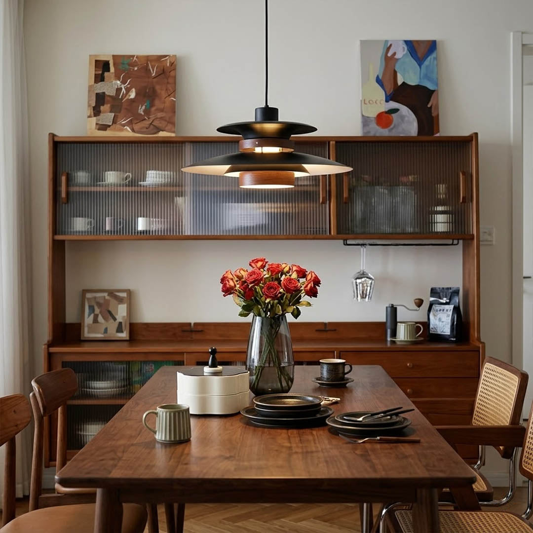 Hayden Beige walnut wood dome pendant above modern dining room rectangular table warm Edison glow Mid Century interior