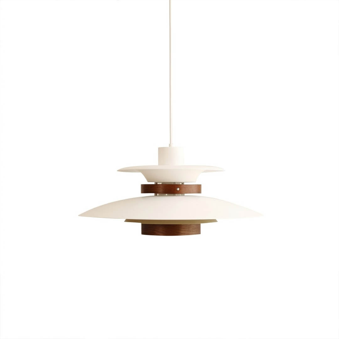 Hayden walnut wood dome pendant White 19 inch Scandinavian minimalist metal shade white background