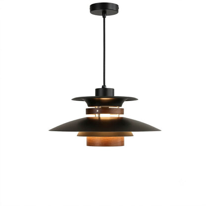 Hayden walnut wood dome pendant Black 19 inch modern industrial graphic metal shade white background