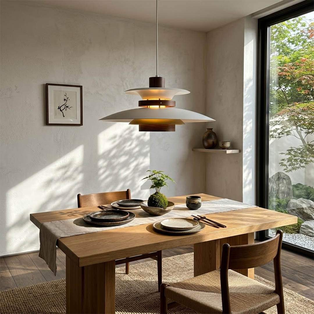 Hayden Beige walnut wood dome pendant above modern dining room rectangular table warm Edison glow Mid Century interior