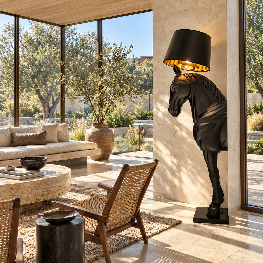 Horse head sculpture floor lamp as a dramatic artistic focal point in a luxury hotel lobby