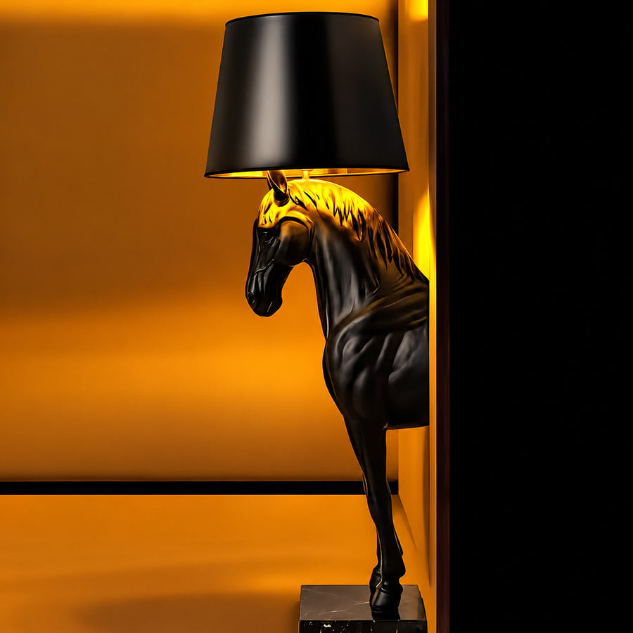 Horse head sculpture floor lamp styled as a figurative light sculpture in a contemporary space