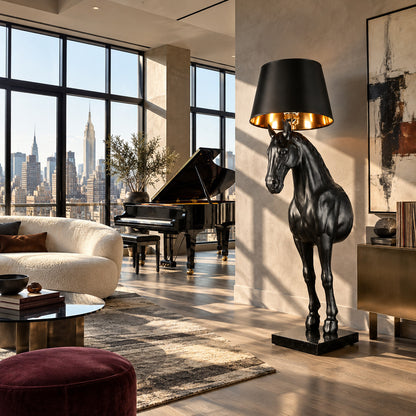 Horse head sculpture floor lamp as a dramatic artistic focal point in a luxury hotel lobby