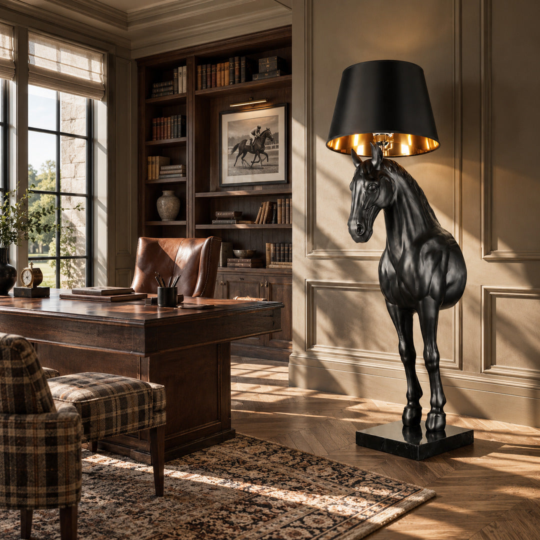 Black Horse head sculpture floor lamp bringing bold artistic light to an upscale executive office