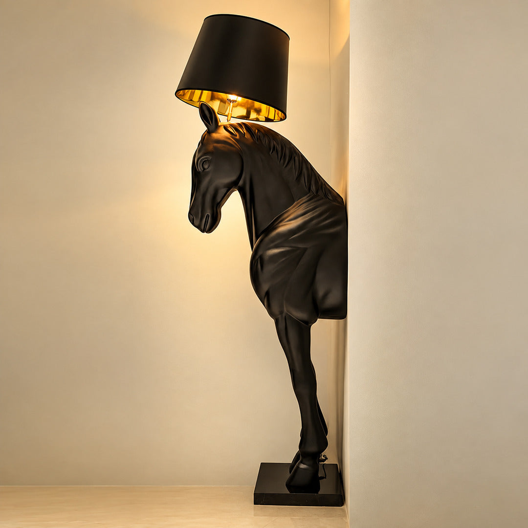 Red Horse head sculpture floor lamp highlighting a design-forward retail showroom