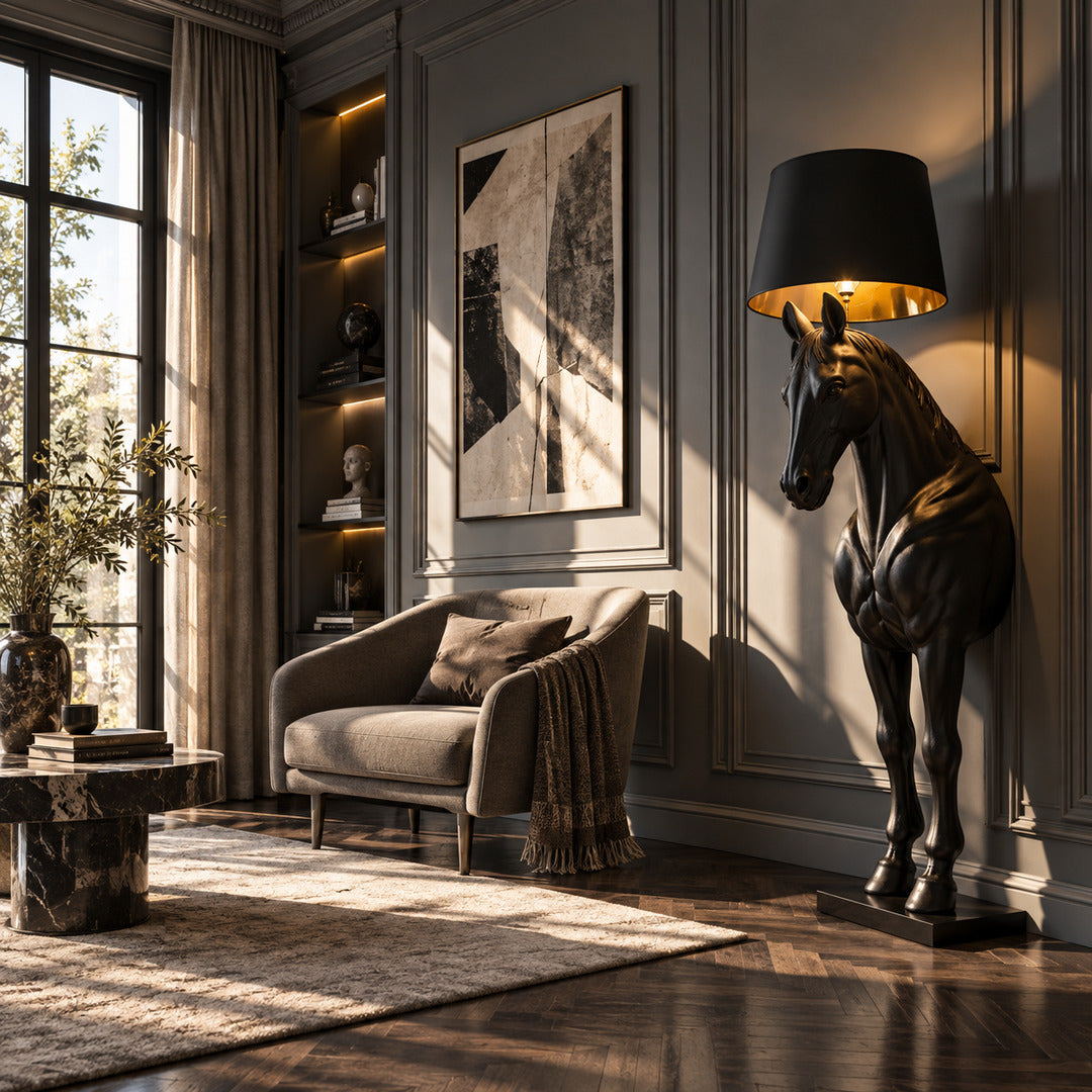 Horse head sculpture floor lamp welcoming guests with a striking silhouette in a grand entryway
