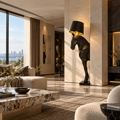 Horse head sculpture floor lamp filling a living room corner with a warm glow and bold presence