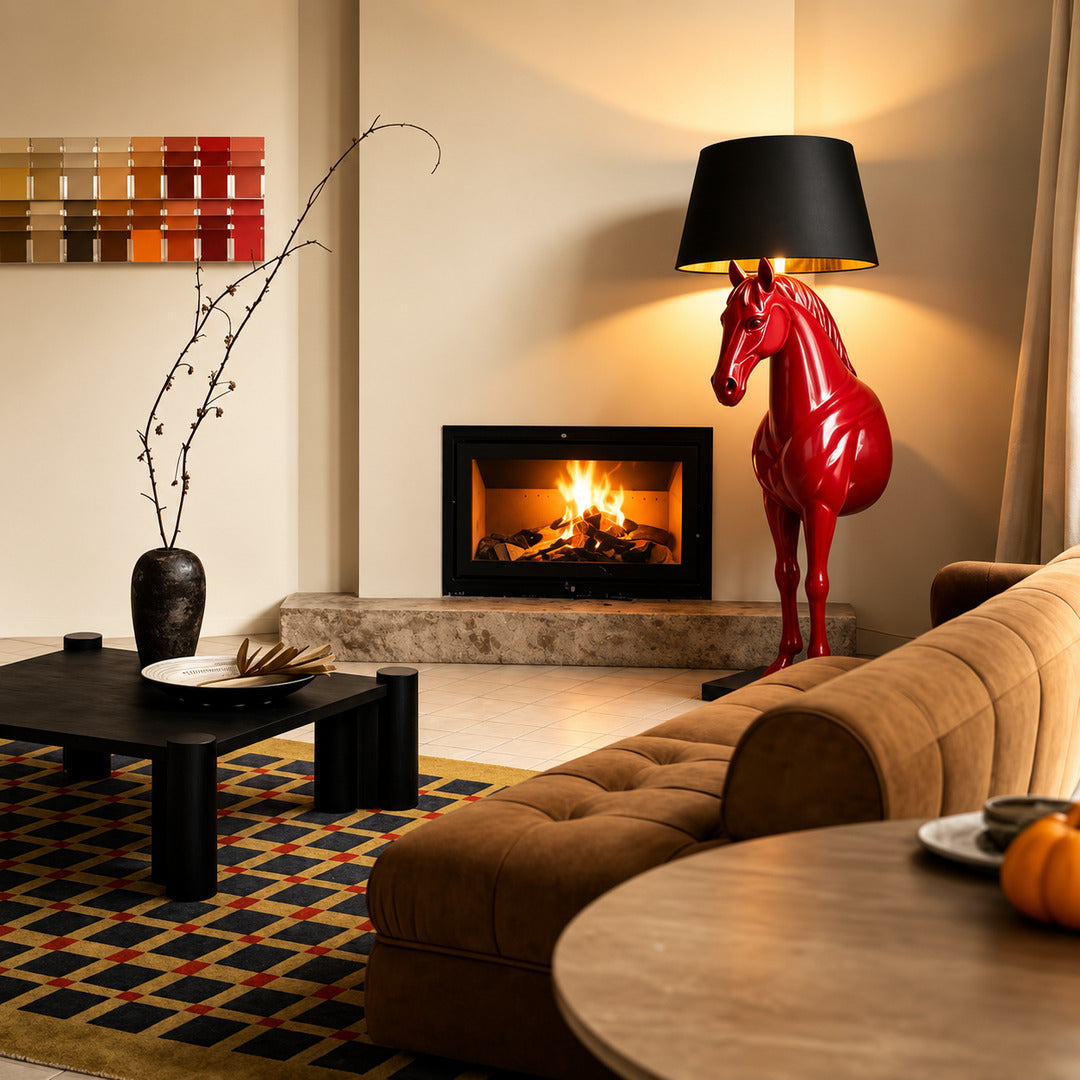 Horse head sculpture floor lamp filling a living room corner with a warm glow and bold presence