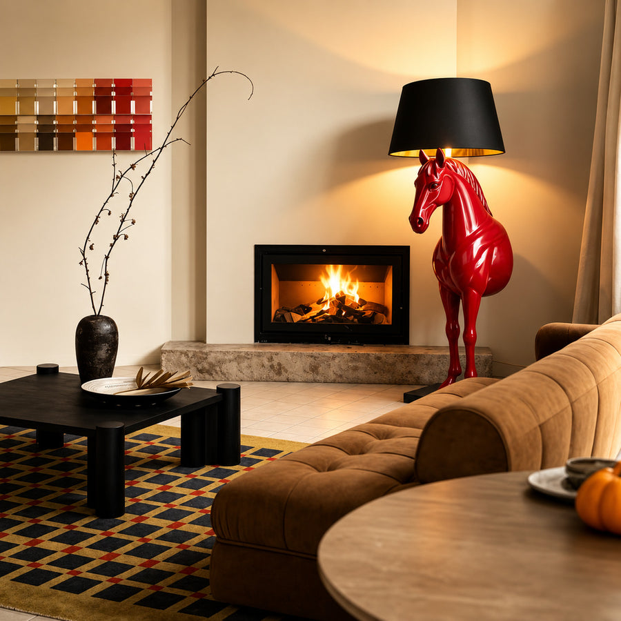 Horse head sculpture floor lamp filling a living room corner with a warm glow and bold presence