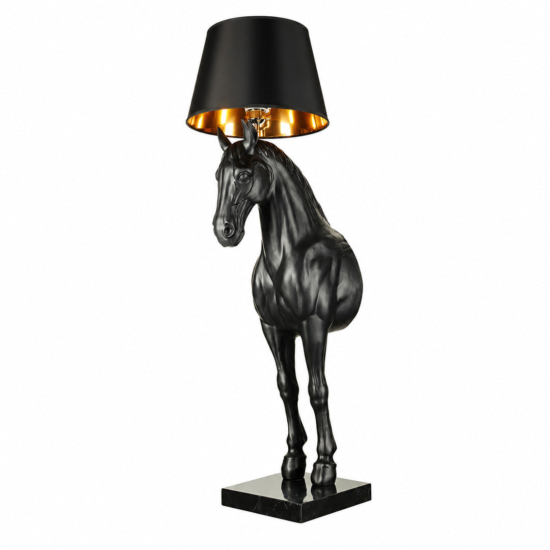 Black Horse head sculpture floor lamp as a bold artistic statement beside a living room sofa