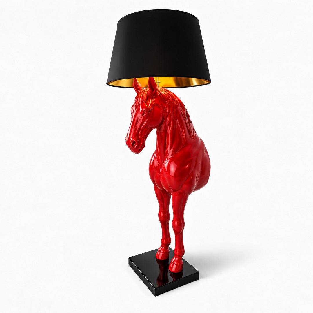 Red Horse head sculpture floor lamp as a striking colorful accent in a modern room