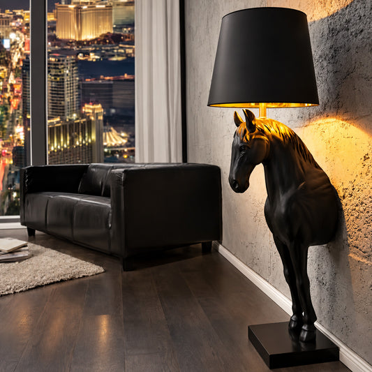 Horse head sculpture floor lamp standing as a dramatic centerpiece in a modern living room