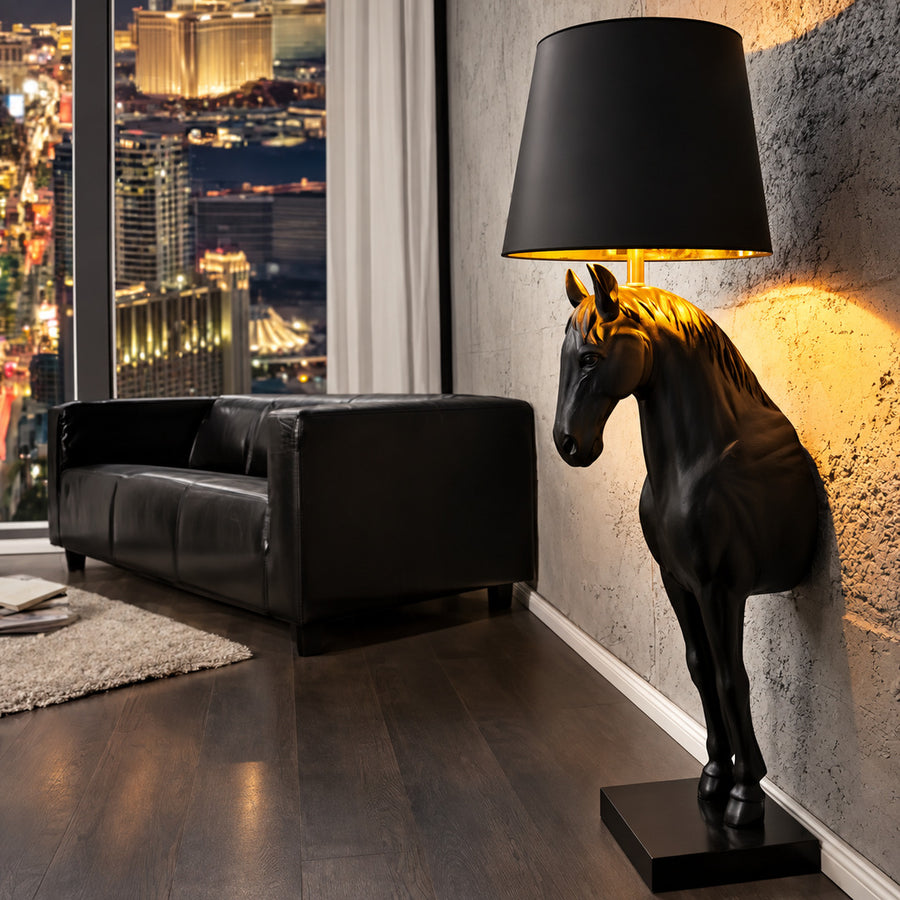 Horse head sculpture floor lamp standing as a dramatic centerpiece in a modern living room