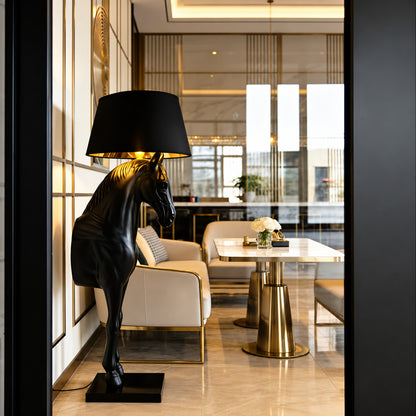 Horse head sculpture floor lamp adding a dramatic accent to an upscale restaurant or equestrian club
