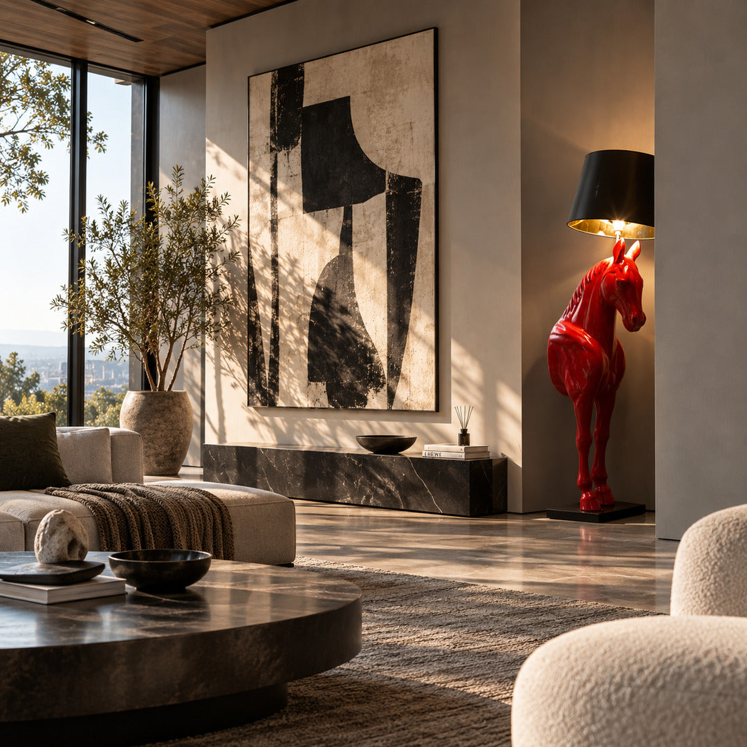 Horse head sculpture floor lamp filling a living room corner with a warm glow and bold presence