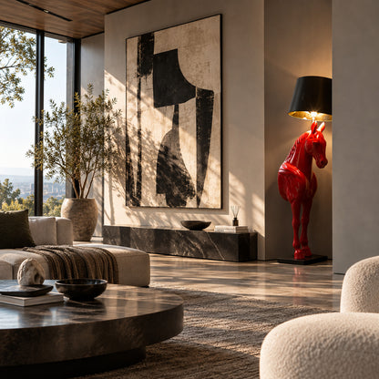 Horse head sculpture floor lamp filling a living room corner with a warm glow and bold presence