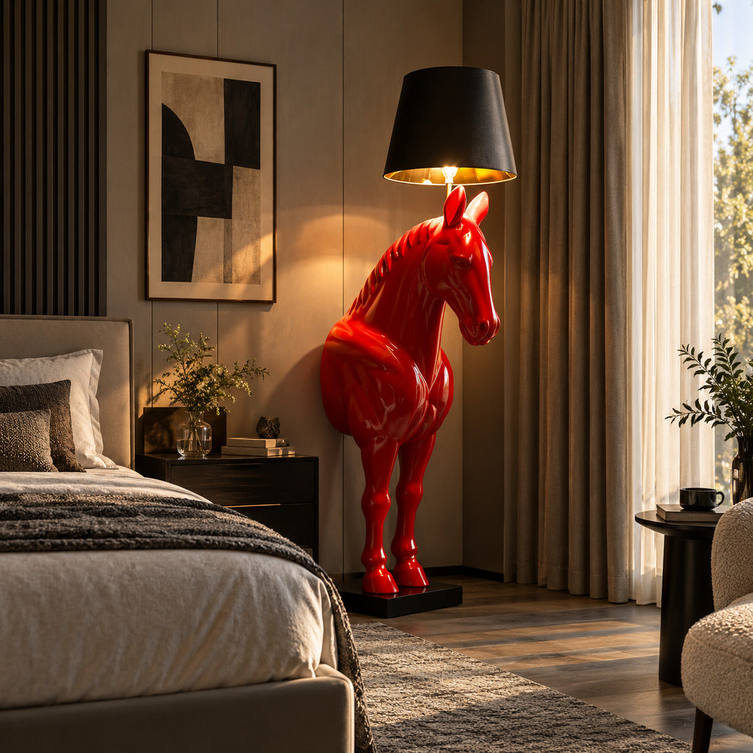 Horse head sculpture floor lamp adding a bold artistic statement to a modern bedroom