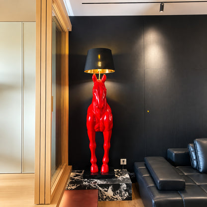 Horse head sculpture floor lamp standing as a dramatic centerpiece in a modern living room