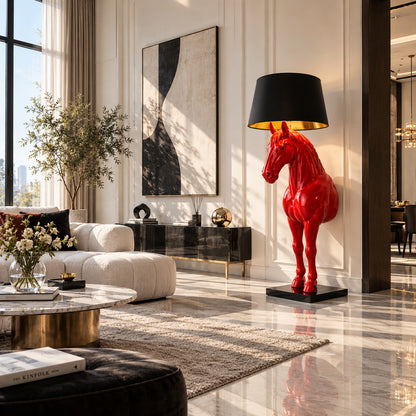 Horse head sculpture floor lamp adding a dramatic accent to an upscale restaurant or equestrian club