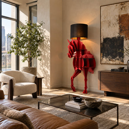 Horse sculpture floor lamp standing as a dramatic centerpiece in a modern living room