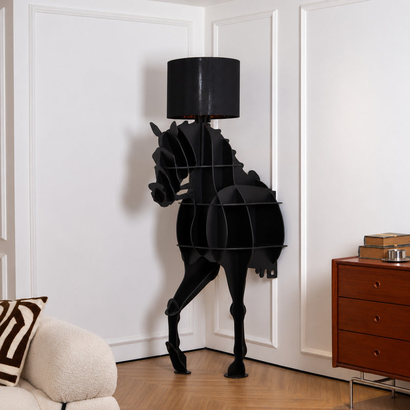 Horse sculpture floor lamp filling a living room corner with a warm glow and bold presence